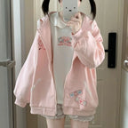 Kawaii Pink Bunny-Ear Hooded Zip-Up Hoodie