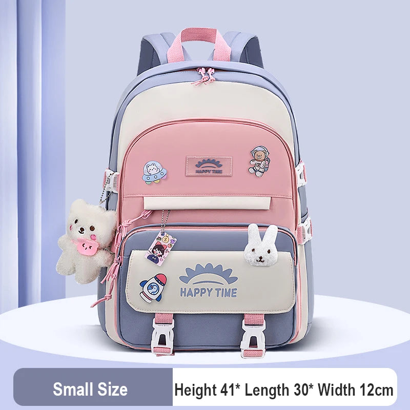 Kawaii Multi-Pocket Nylon Backpack with Bear & Bunny Charms