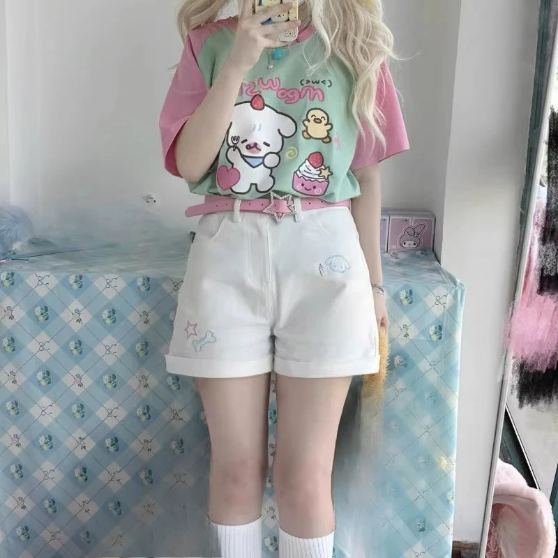 Kawaii Mint Green and Pink Raglan Cartoon Graphic T-Shirt