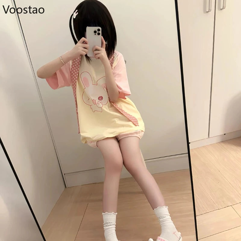 Kawaii Bunny Print T-Shirt with Pink Sleeves