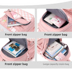 Kawaii Plaid Nylon School Backpack with Bunny Charm