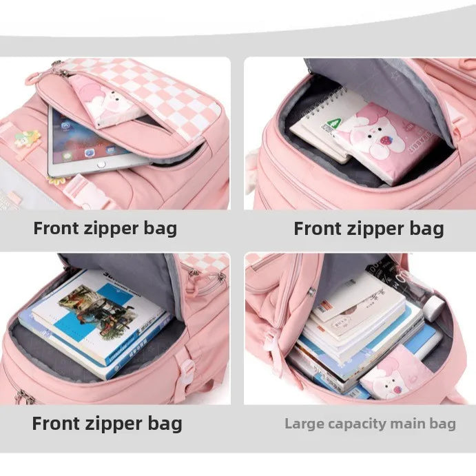Kawaii Plaid Nylon School Backpack with Bunny Charm