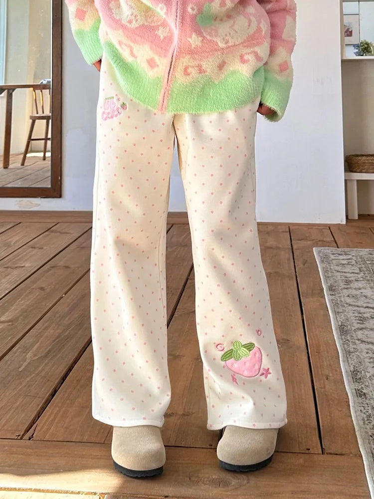 Kawaii Strawberry Embroidered Wide-Leg Pants with Elastic Waist
