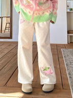 Kawaii Strawberry Embroidered Wide-Leg Pants with Elastic Waist