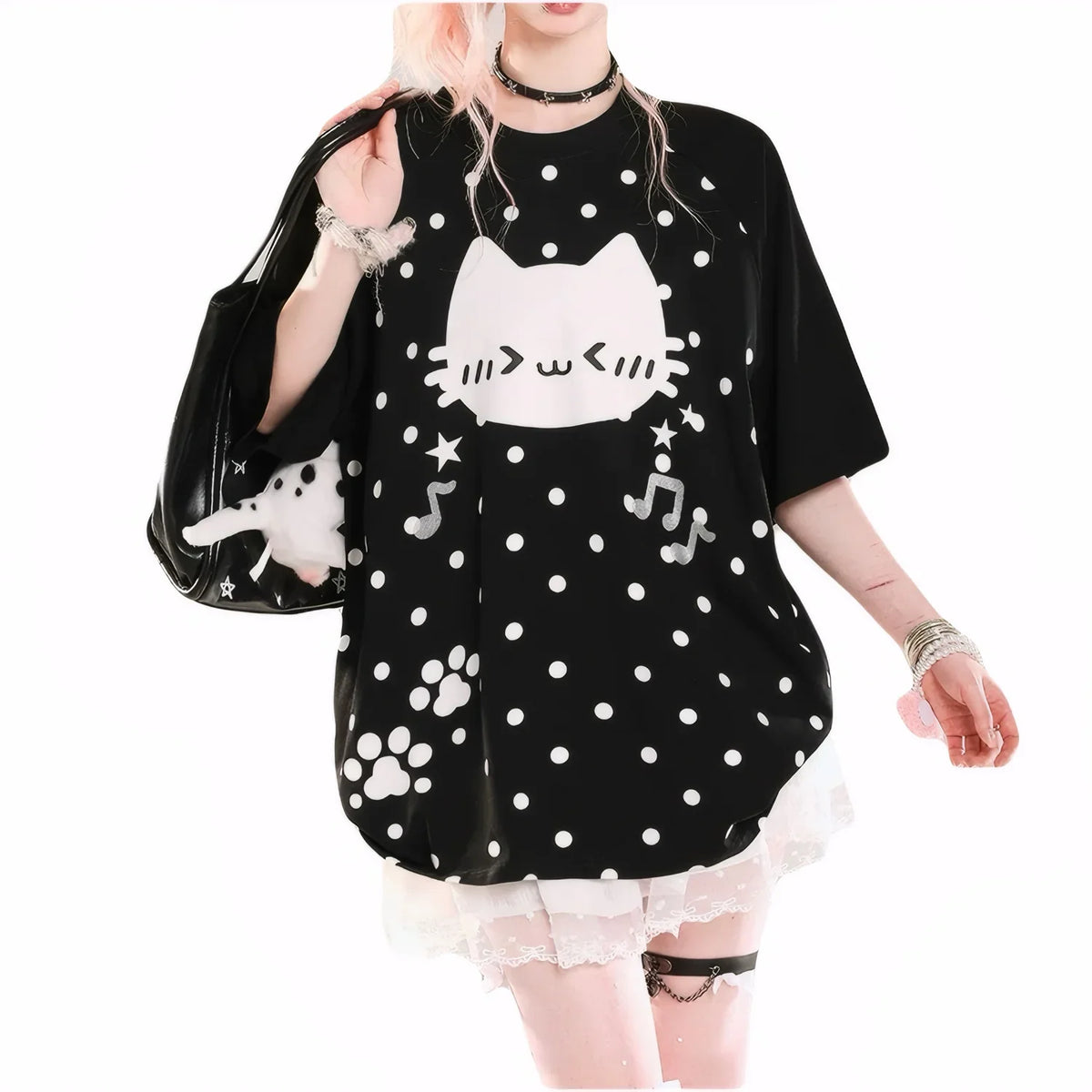 Kawaii Cat Polka Dot Musical Notes T-Shirt