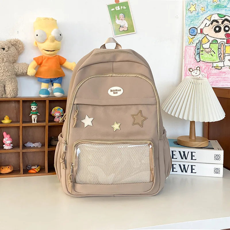 Kawaii Star Appliqué Backpack with Clear Front Pocket