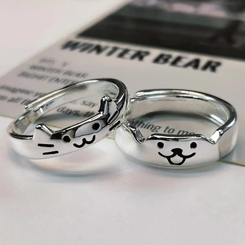 Kawaii Adjustable Silver-Tone Cat and Dog Rings