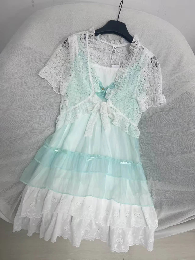 Kawaii Women's Lace Bow Detail 3-Piece Mini Dress Set