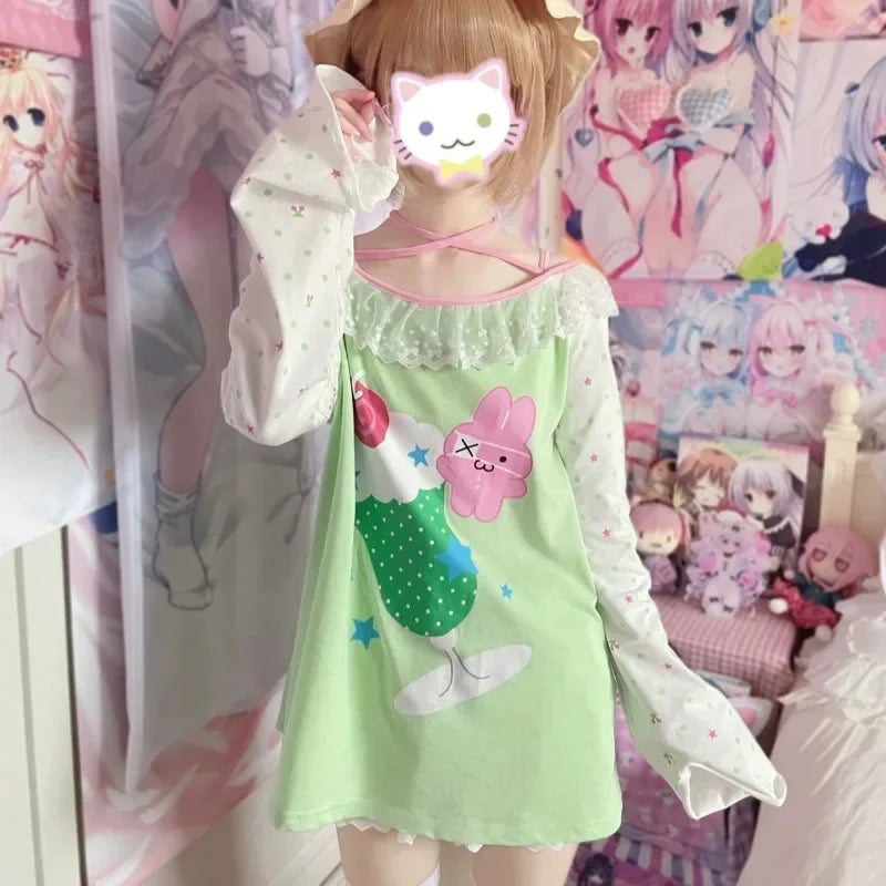 Kawaii Green Cartoon Graphic Long-Sleeve Top