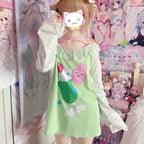 Kawaii Green Cartoon Graphic Long-Sleeve Top