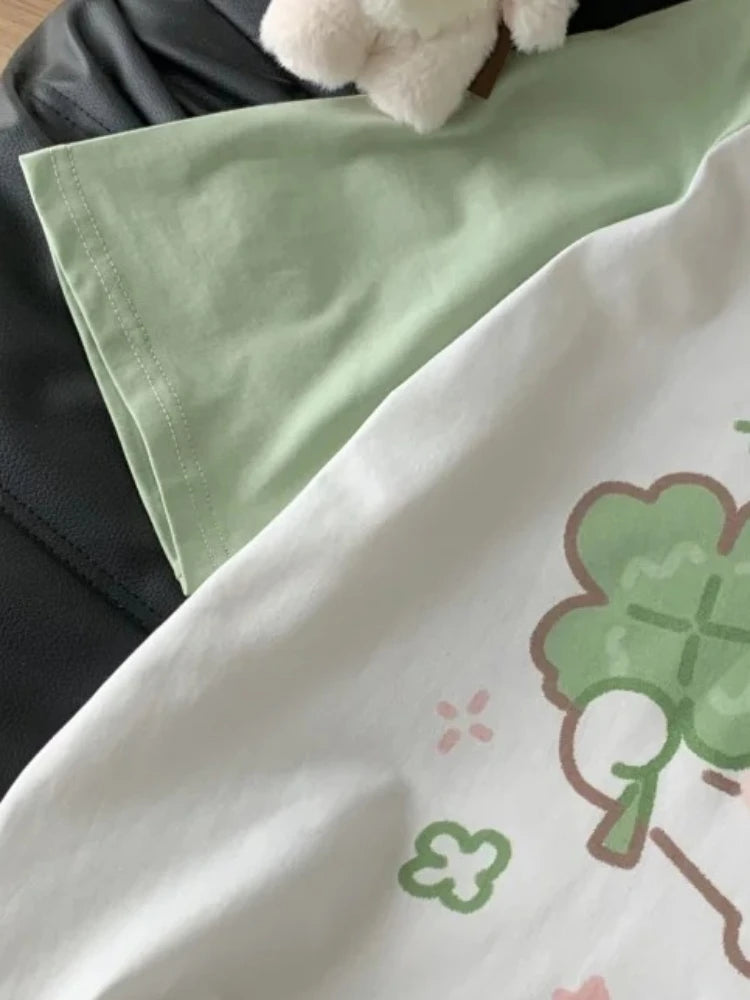 Kawaii Cartoon Cat Graphic T-Shirt – Pink and Green Contrast