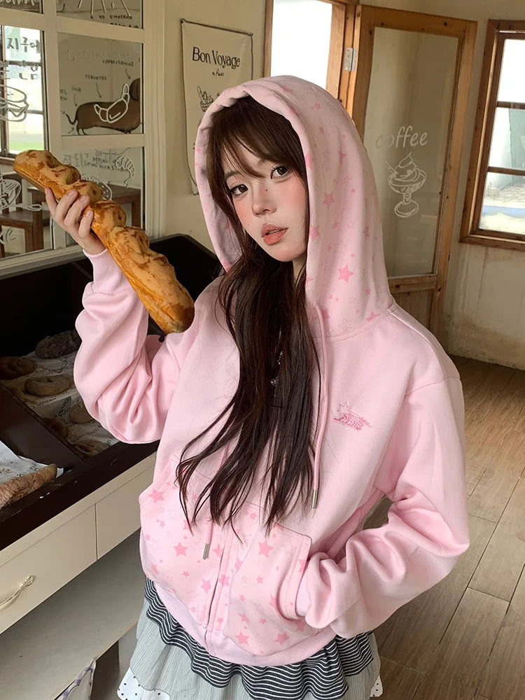 Kawaii Pink Star Print Zip-Up Hoodie