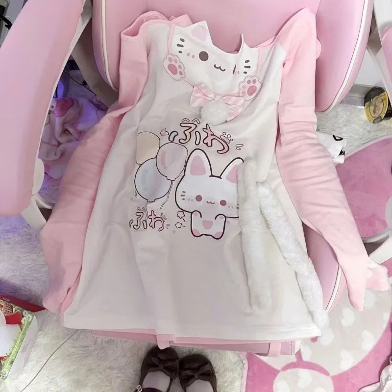 Kawaii Pink Cat Graphic Long-Sleeve Top