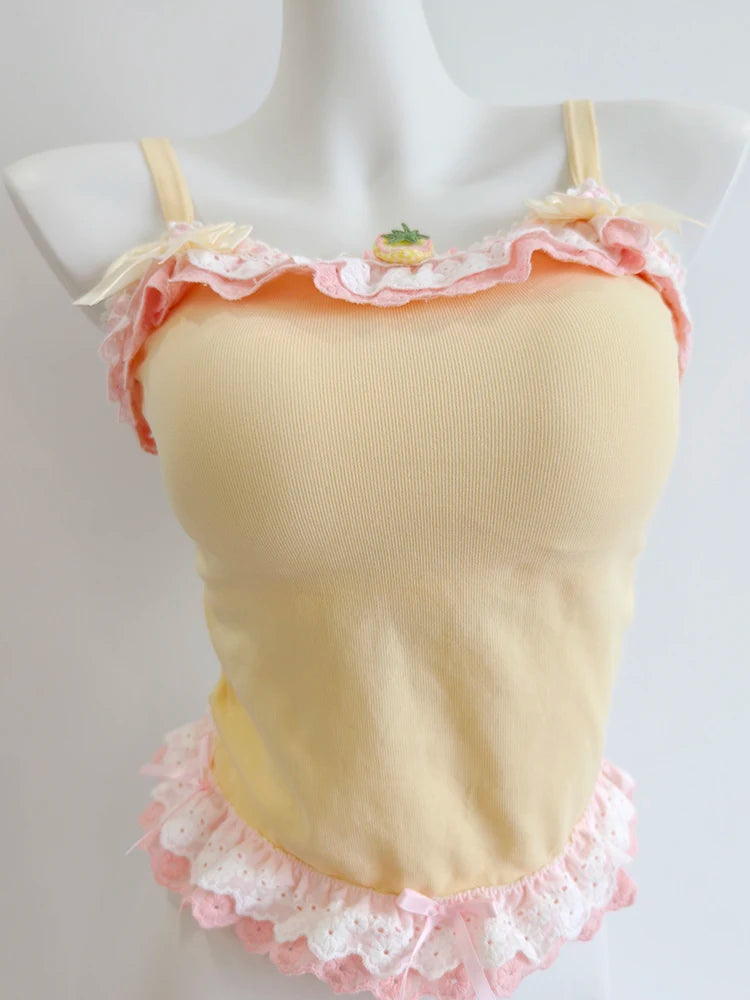 Kawaii Lace-Trim Bow Camisole Tops & Skirt Sets