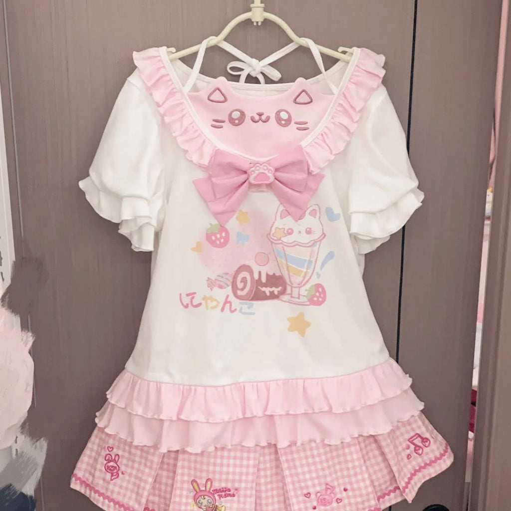 Kawaii Cat Print Ruffle T-Shirt with Bow Detail