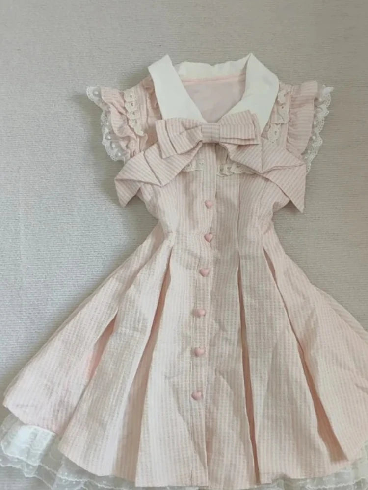 Kawaii Pink Striped Bow Mini Dress