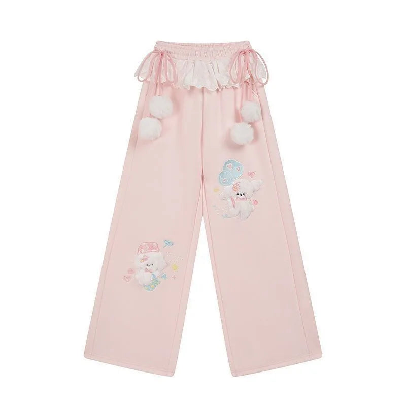 Women's Kawaii Cartoon Embroidered Wide-Leg Pants