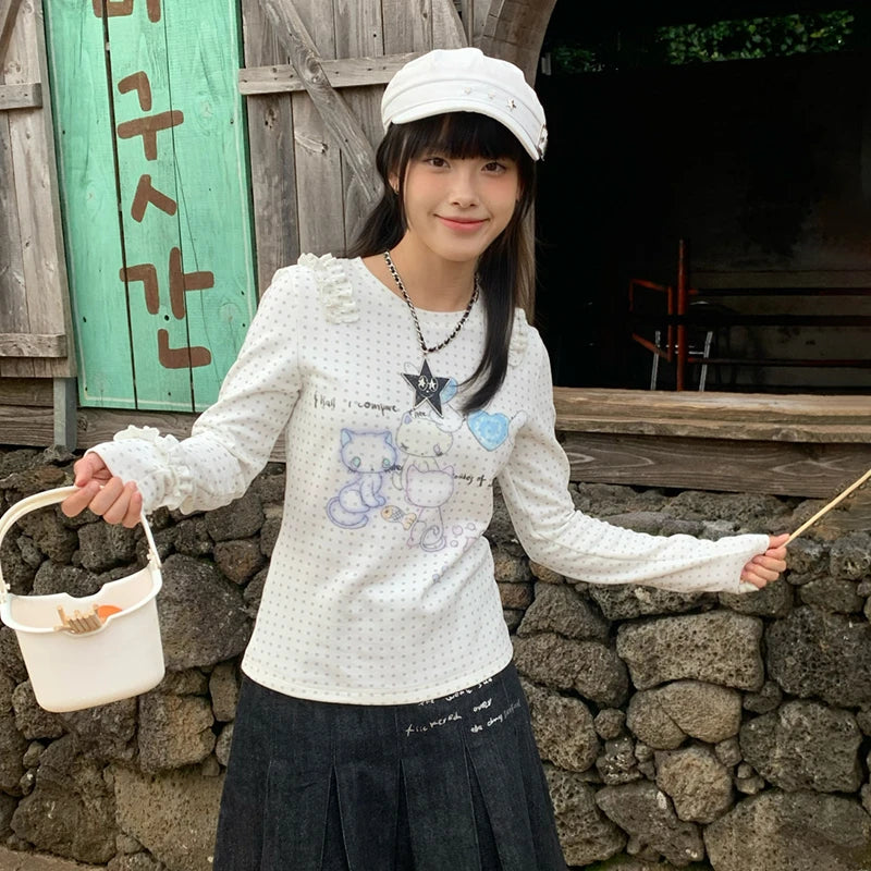 Kawaii Women's White Cat-Print Polka-Dot Knit Long-Sleeve T-Shirt