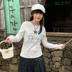 Kawaii Women's White Cat-Print Polka-Dot Knit Long-Sleeve T-Shirt