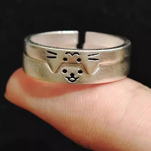 Kawaii Adjustable Silver Cat and Dog Couple Rings