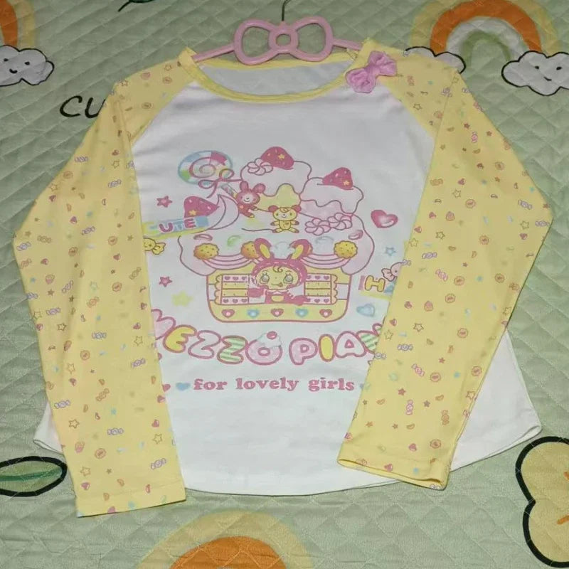 Kawaii Cartoon Graphic Long-Sleeve T-Shirt with Bow Detail