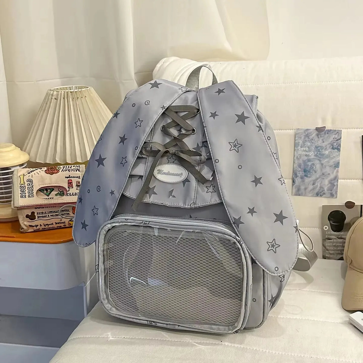 Kawaii Rabbit-Ear Ita Backpack with Transparent Front Pocket