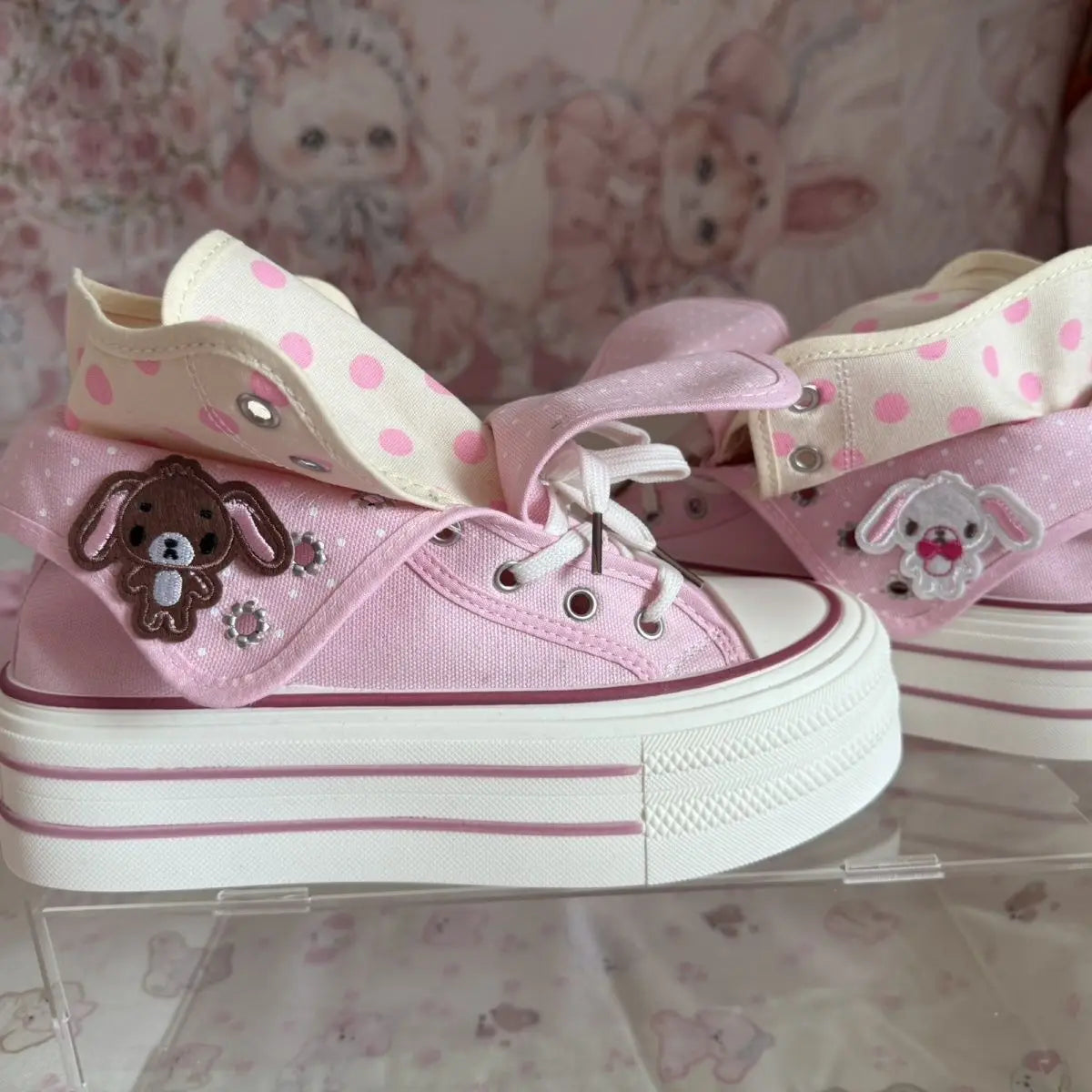 Kawaii Women's Pink Rabbit Polka Dot High-Top Platform Canvas Sneakers