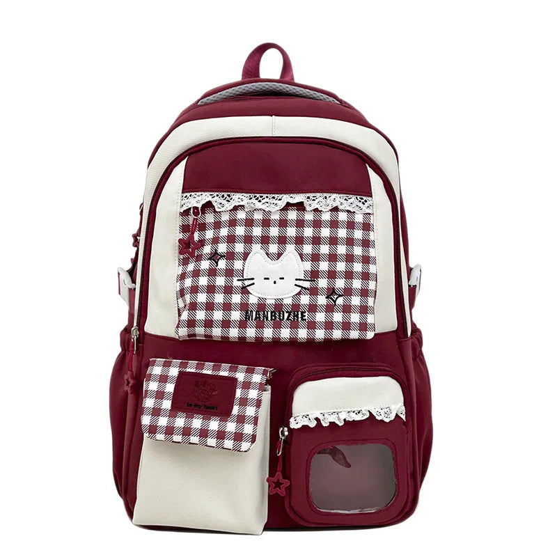 Kawaii Gingham Cat Backpack with Multiple Pockets