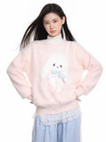 Kawaii Pink Cartoon Bow Sweater with Plush Appliqué