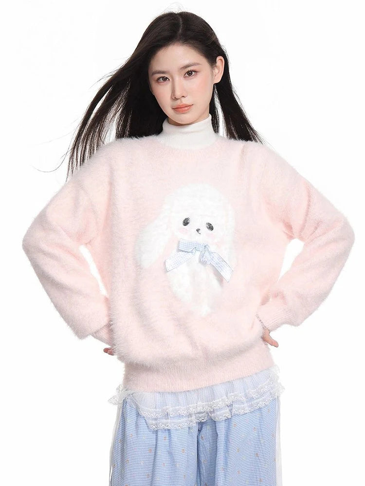 Kawaii Pink Cartoon Bow Sweater with Plush Appliqué