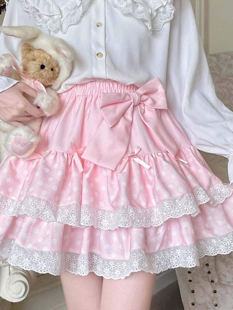 Kawaii Bow Polka-Dot Tiered Mini Skirt
