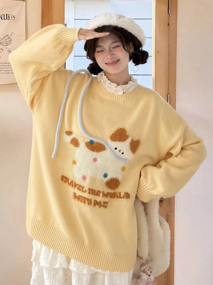 Kawaii Yellow Cartoon Cat Knit Sweater