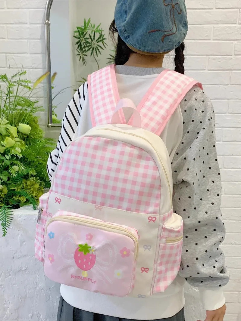 Kawaii Pink Plaid Strawberry Bow Backpack