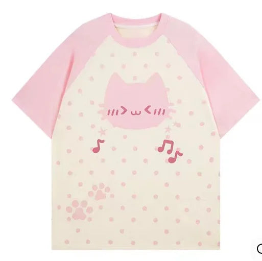Kawaii Cat Polka Dot Musical Notes T-Shirt