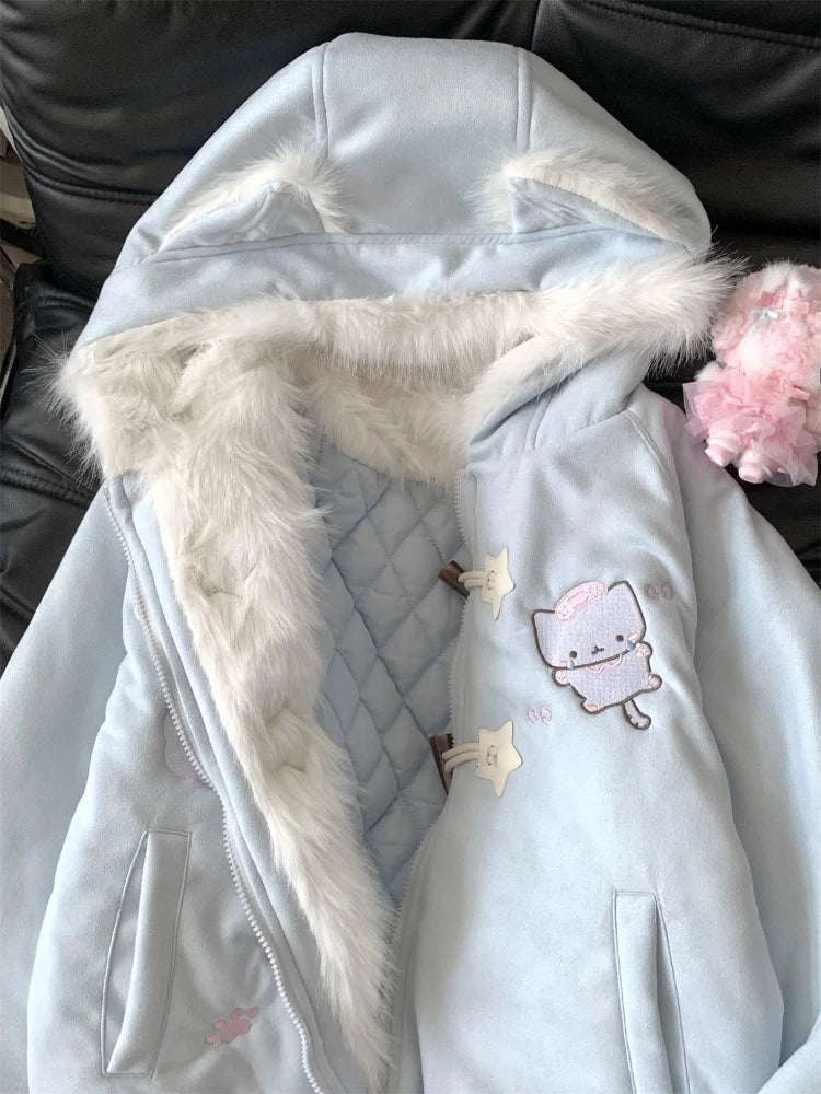 Kawaii Kitty Embroidered Hooded Winter Coat