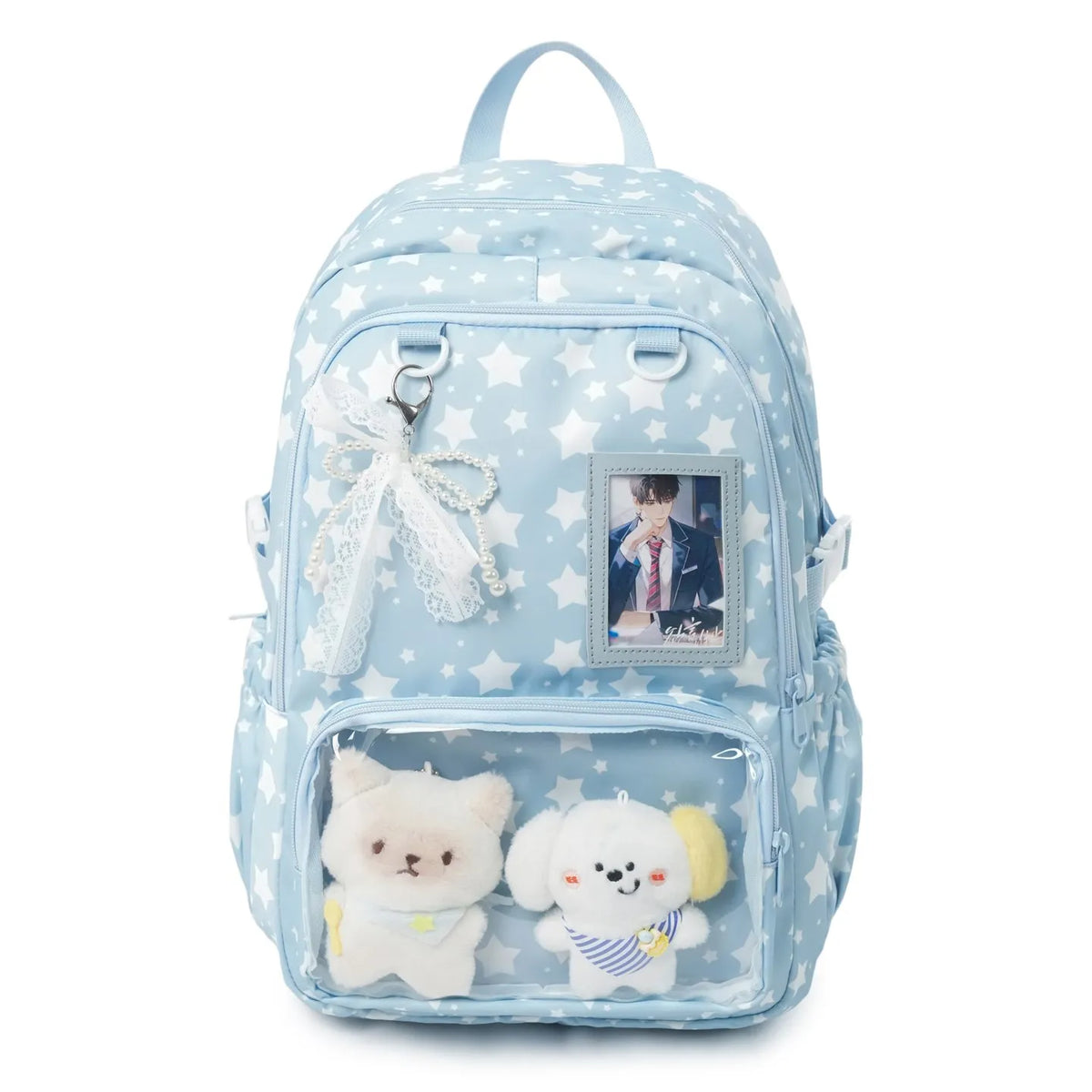 Star Print Kawaii Backpack with Clear Front Pocket, Lace Bow & Plush Display