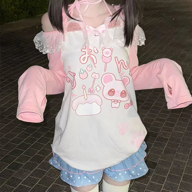 Pink Kawaii Graphic Long-Sleeve Top with Lace Trim