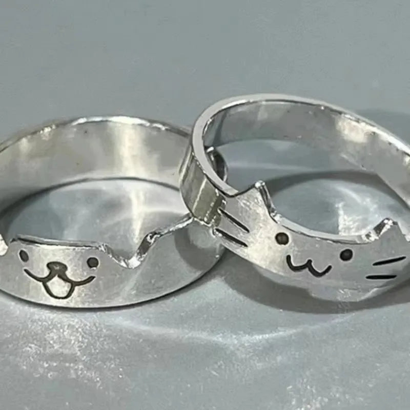 Kawaii Adjustable Silver Cat and Dog Couple Rings