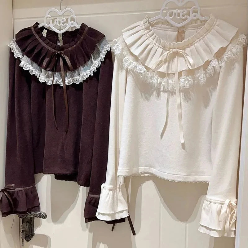 Kawaii Women's Lolita Lace Ruffle Bow Long-Sleeve T-Shirt