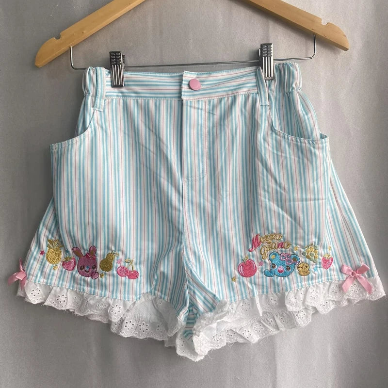Kawaii Women's Striped Cartoon-Embroidered Lace-Trim Shorts