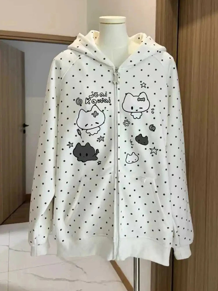 White Kawaii Cat Cartoon Polka Dot Zip-Up Hoodie