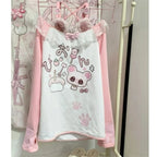 Women's Kawaii Cartoon Graphic Off-Shoulder Lace Bow T-Shirt