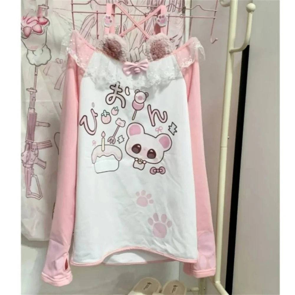 Women's Kawaii Cartoon Graphic Off-Shoulder Lace Bow T-Shirt