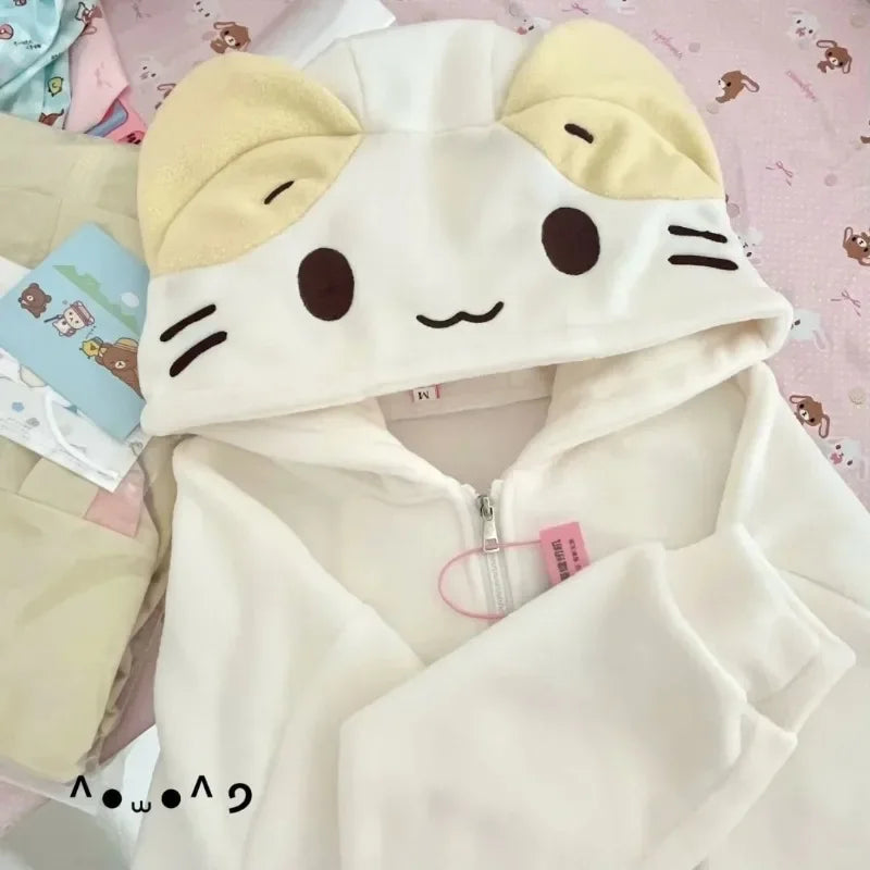Kawaii Women's White Cat-Ear Hooded Zip Jacket