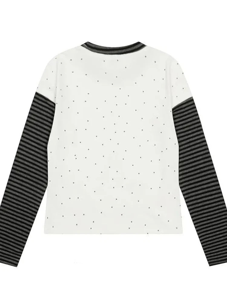 Kawaii Women's Cartoon Star Graphic Long-Sleeve T-Shirt with Striped Sleeves