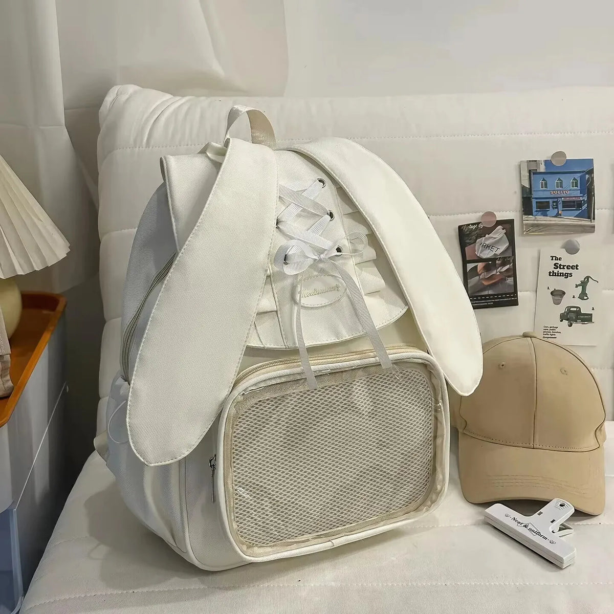 Kawaii Rabbit-Ear Ita Backpack with Transparent Front Pocket