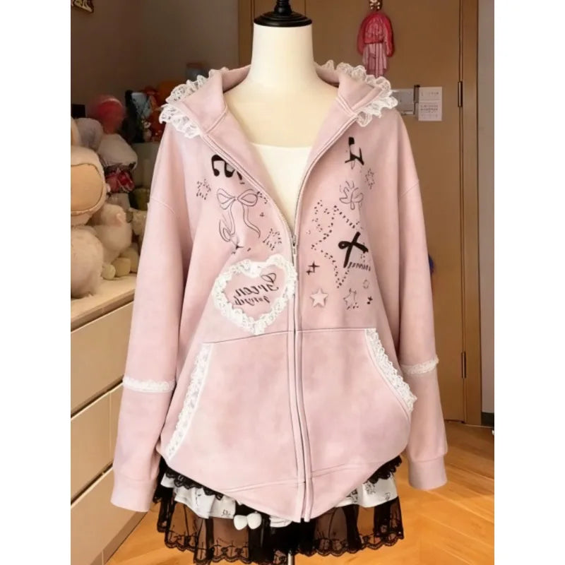 Kawaii Pink Lace-Trim Rabbit-Ear Hooded Zip Hoodie