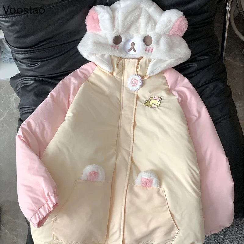 Kawaii Bear-Ear Hooded Padded Jacket with Embroidery