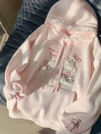 Pink Kawaii Cat-and-Bow Lace Hooded Pullover Hoodie