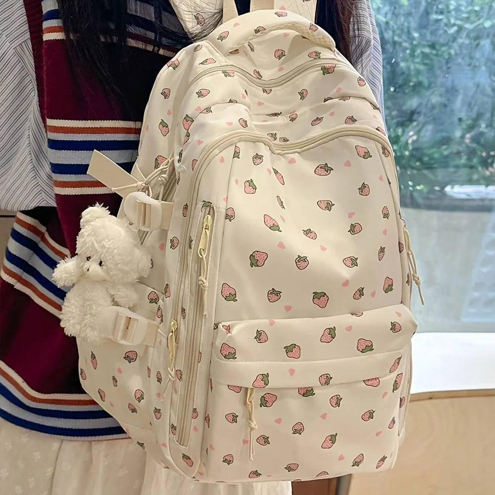 Kawaii Floral Nylon Backpack with Multiple Pockets, 43 × 30 × 18 cm